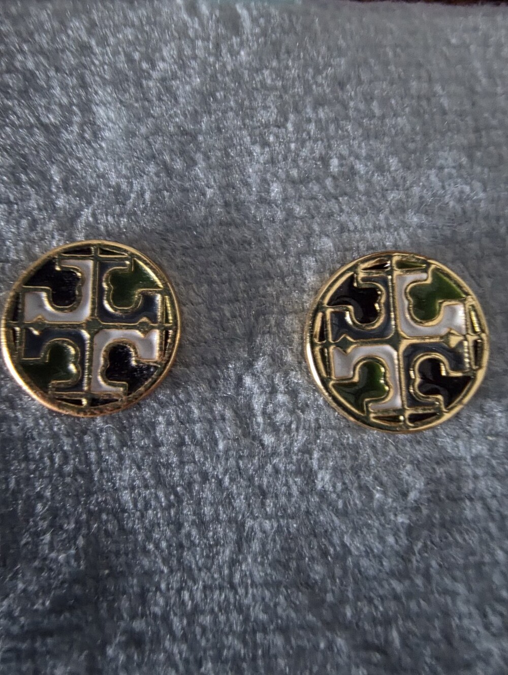 Tori Burch Gold-Tone Round Logo Stud Earrings with Green & Navy Enamel